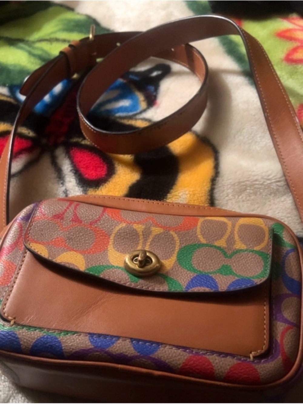Coach Multicolor Signature Canvas Crossbody with Tan Leather Trim